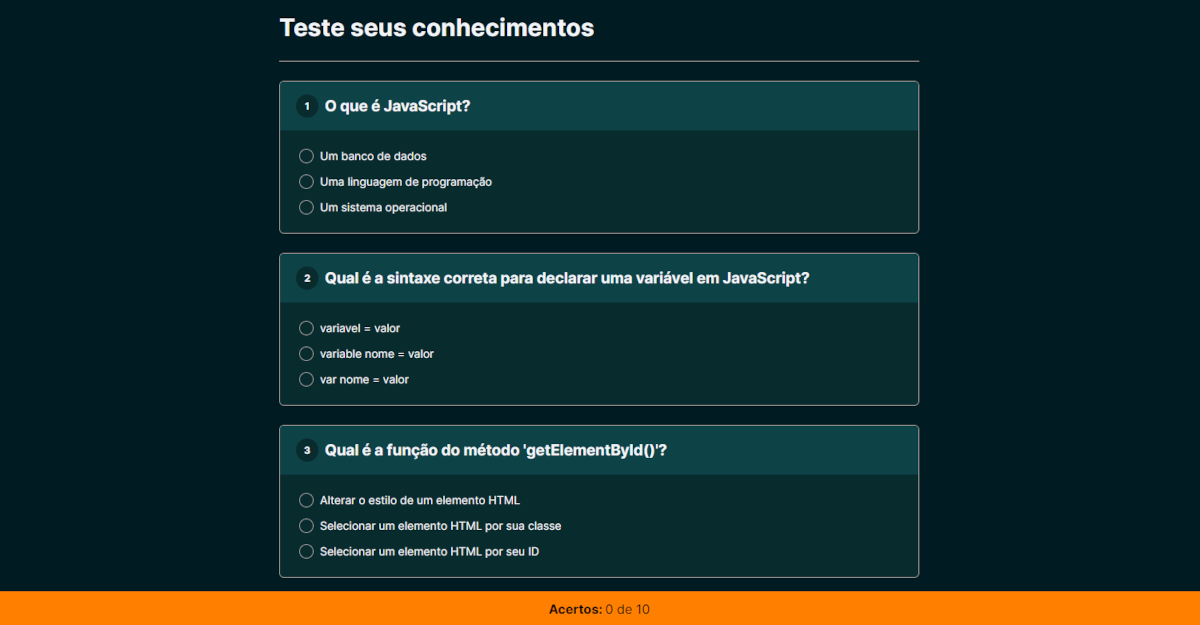 Projeto de um questionário sobre JavaScript